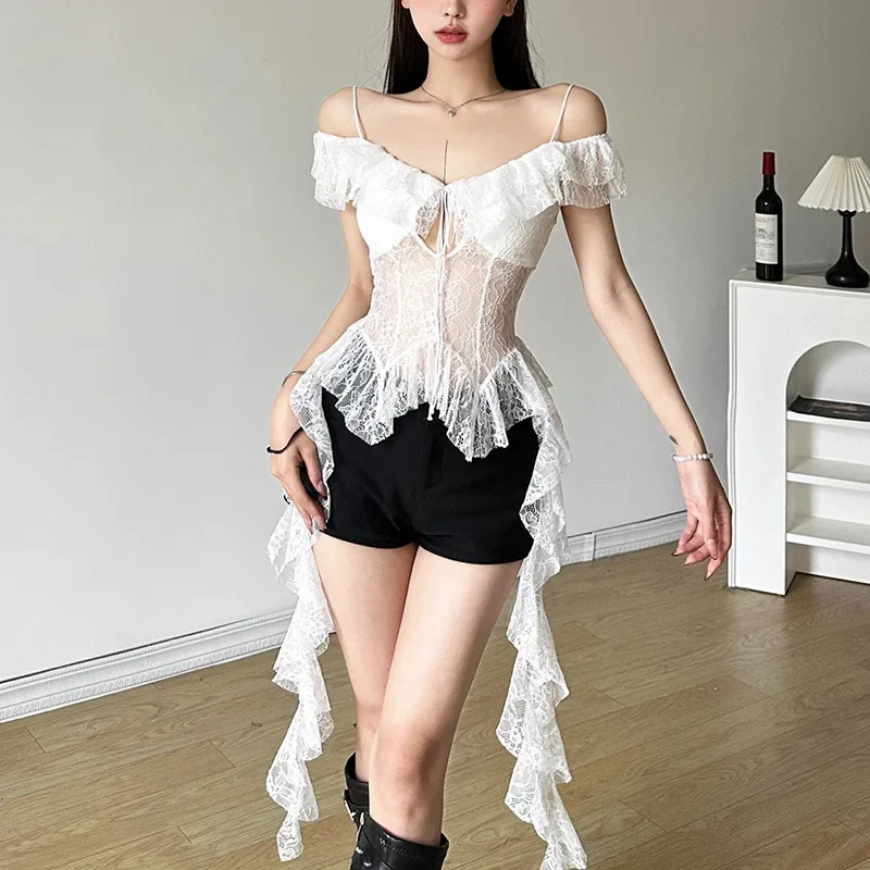 See Through Shirt Fairy Bandage Tees 2000s Vintage Y2k Aesthetic Lace Irregular Top Harajuku Hollow Out Black T Shirt Streetwear