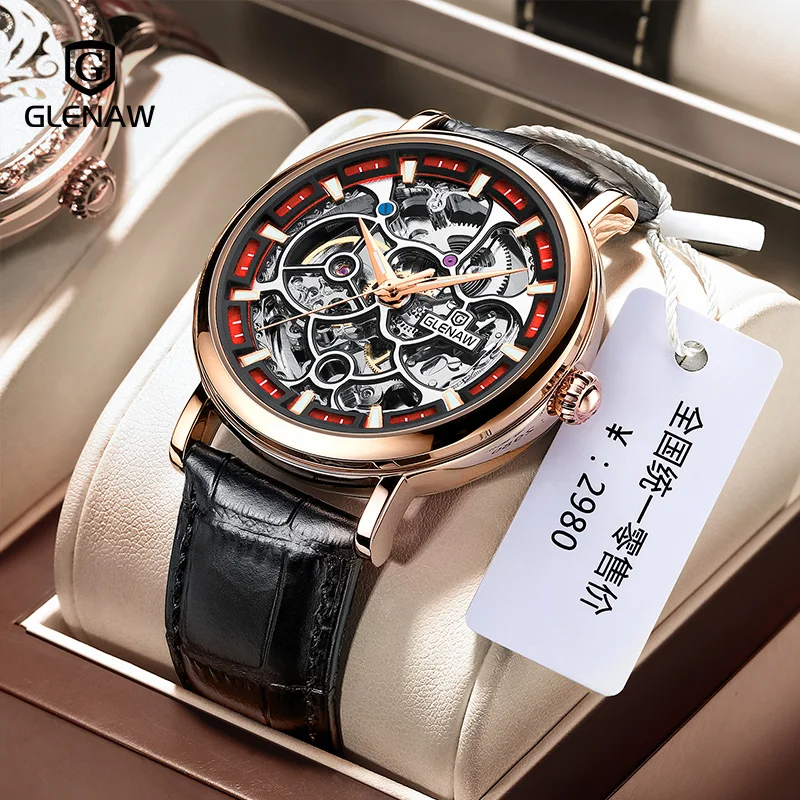 GLENAW Fashion Exquisite Automatic Mechanical Movement men\'s watch 50 Meters Waterproof Luminous Watch Relogio Masculino+Box