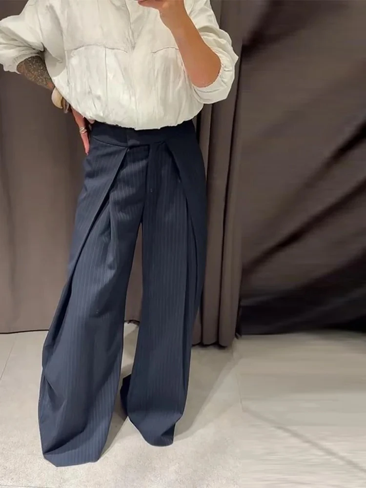 

Casual Striped Loose Pants Women High Waist Pleated Straight Long Wide Leg Trousers Female Fashion Autumn Lady Bottoms