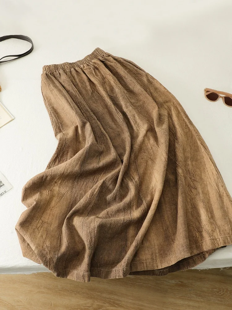 

Льняная юбка в стиле ретро, женская плиссированная текстура с высокой талией, весенне-осенняя юбка-миди трапециевидной формы, чистый цвет