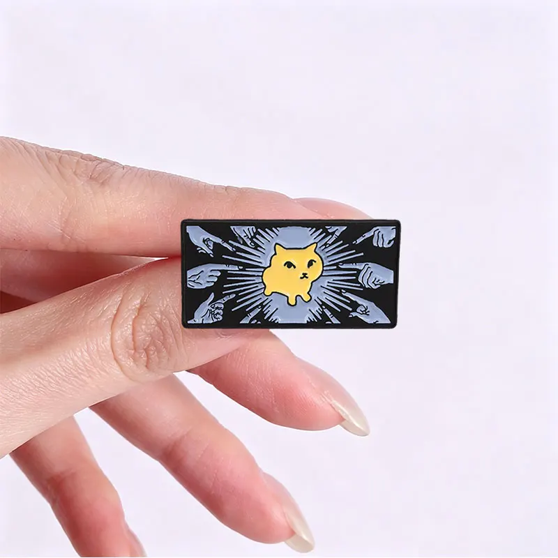 Rectangular Frame Funny Accused Cat Enamel Pin Viral Meme Theme Brooch Black Background With Radiating Lines Lapel Badge