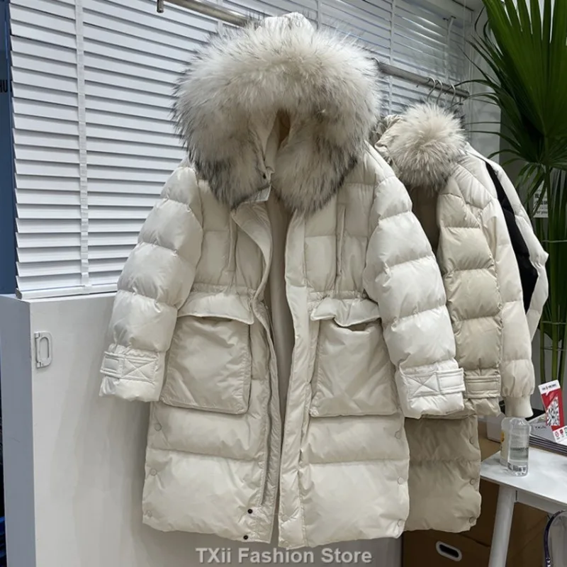 TXii New 2023 Big Real Raccoon Fur Hooded Duck Down Coat Waterproof Winter Women\'s Long Puffer Jacket Female Rain Feather Parkas