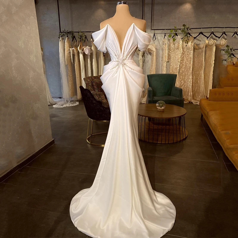 

Eightree Sexy Mermaid Wedding Dresses Off The Shoulder Dress Beadings Pearls Floor Length Wedding Evening Prom Gowns Plus Size