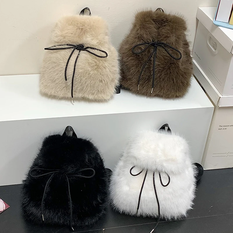Luxury Soft Plush Women's Backpack Winter Solid Color Furry Shoulder Handbag Fashion Ladies Schoolbag for Females