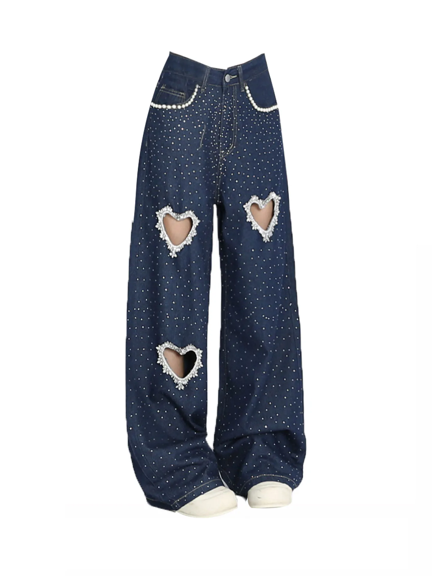 Women's Jeans Heart-shaped Holes Hot Stamping Straight Leg Wide Leg Jeans American Style Autumn New Loose Floor Length Pants