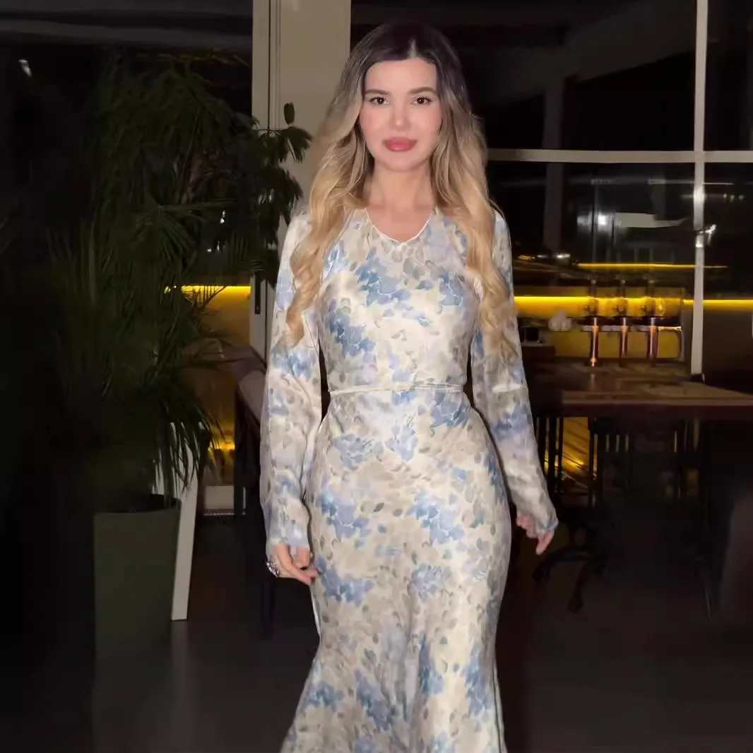 Ele Gentle Wind Zijde Satijn Gedrukt Damesachtig Lang Dr Lente 2024 Hoge Taille Gebreid Polyvezel Thiened Long Sve