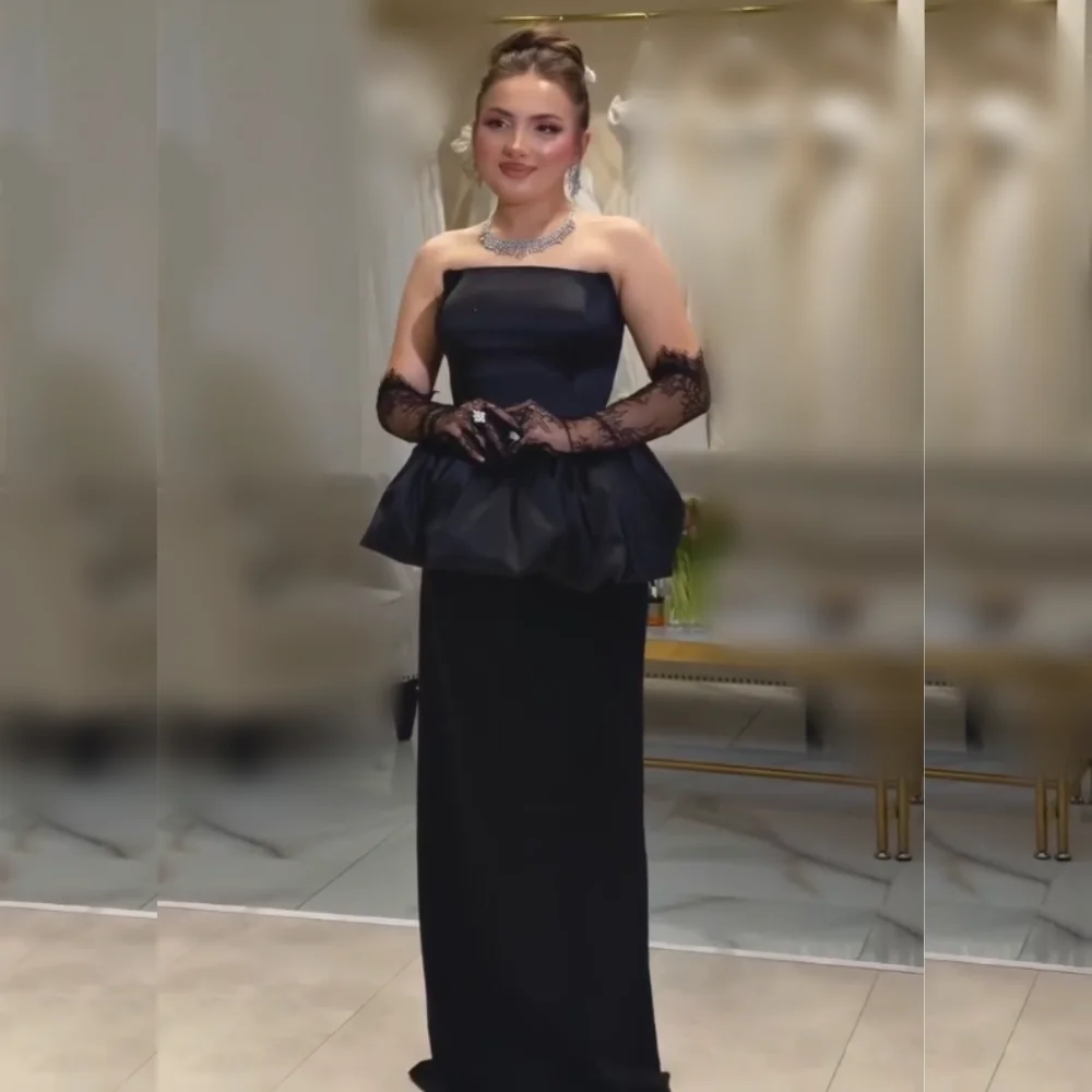 

Customized Charmeuse Lace Strapless Straight Black Long Dresses Bespoke Occasion Elegant Fashion Women's Evening Party Gown