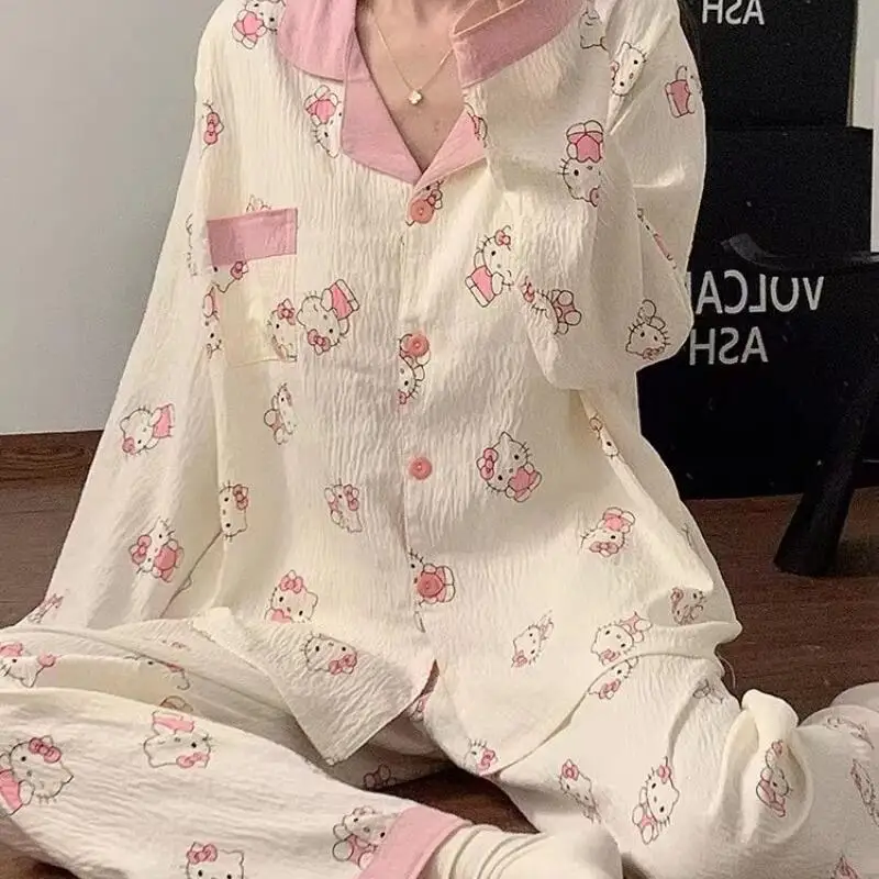 

Sanrio Hello Kitty, женская ночная рубашка, кавайные хлопковые пижамы с героями мультфильмов, осенние брюки с длинными рукавами, ночная рубашка, студенческие комплекты домашней одежды