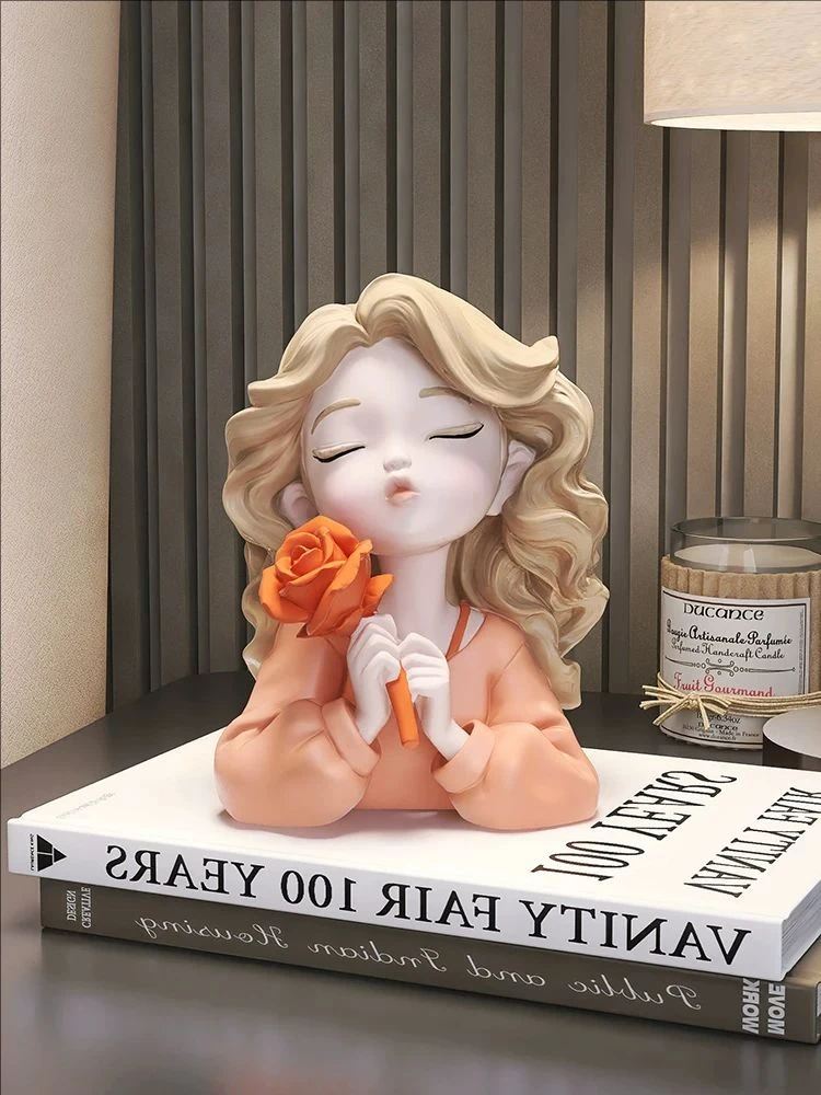 

Modern Wavy Blonde Hair Girl Figures Rose Flower Statue Desk Decoration Cute Character Resins Sculpture Room Aesthetics Decor