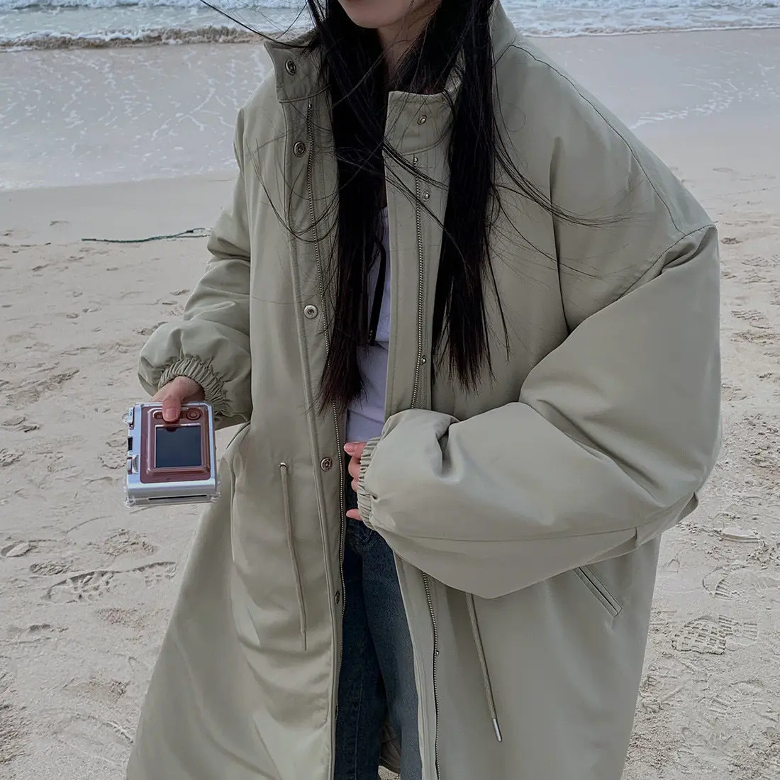 Women Parkas Long Coats Jackets Stand Collar Drawstring Coat Thick Warm Y2k Streetwear Jacket Work Outerwear Autumn Winter