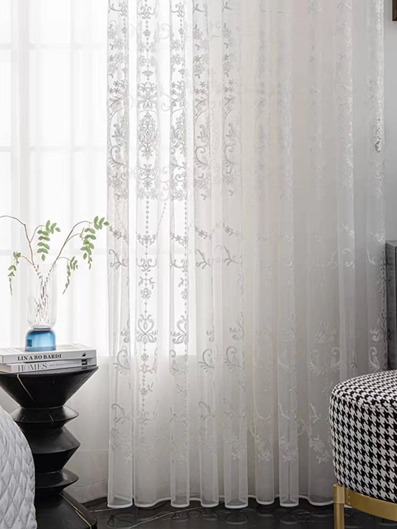 Sheer Curtains White Embroidered Floral Voile Drapes for Living room, Bedroom