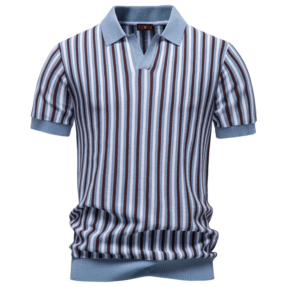 Business Men's Short Sleeve  Shirt Knitted Stripe Pattern Breathable Moisture Wicking Summer 2026 Light Luxury T-Shirt