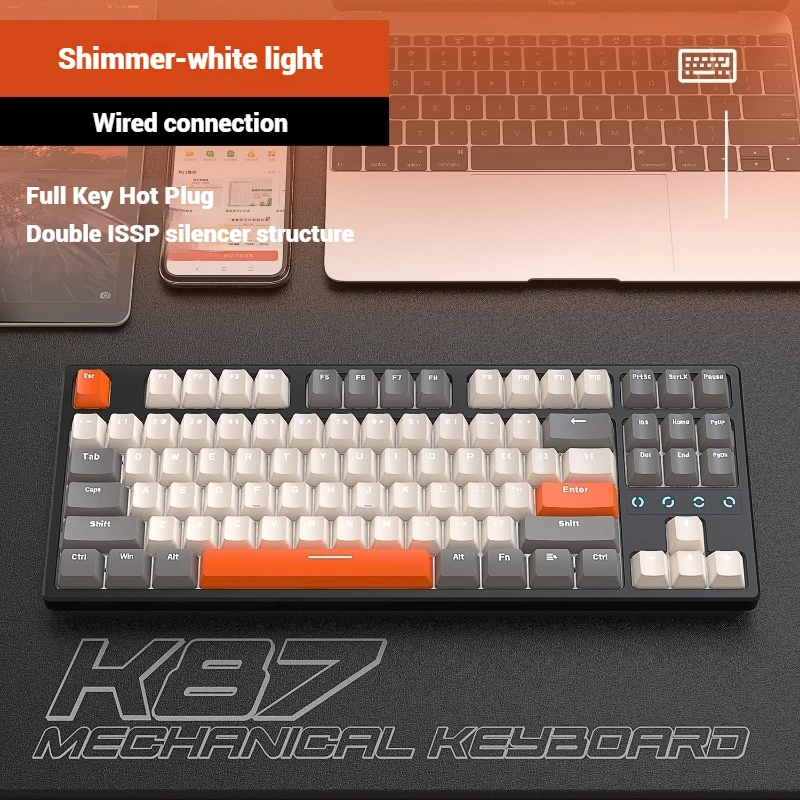 K87 Wired Customized Mechanical Keyboard Full-Key Hot-Swappable Full-Key No-Punch Ergonomic Design Dual Issp Muffler Game Office