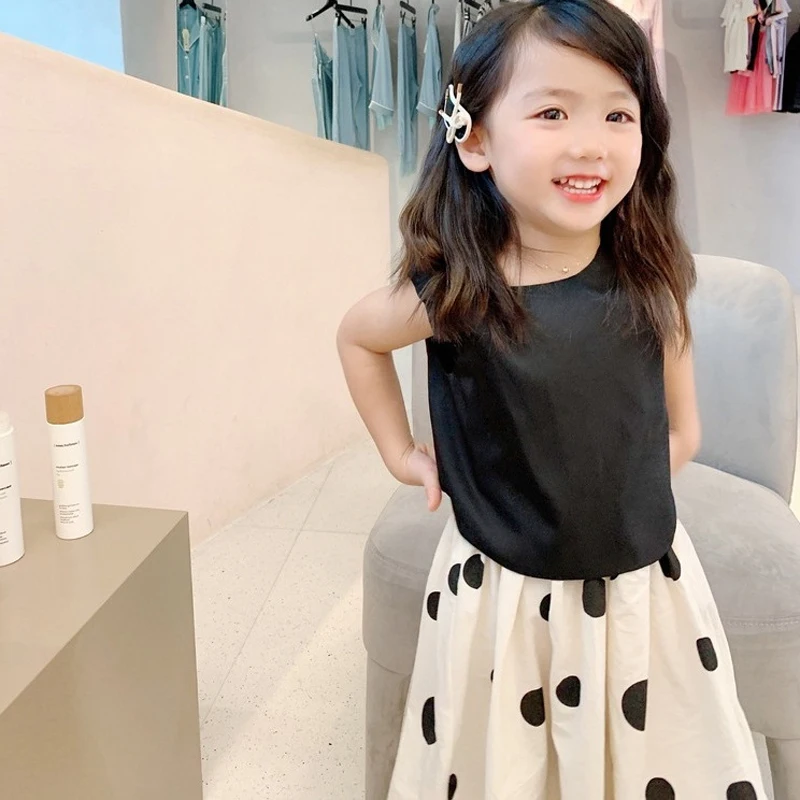 Summer Girls\' Clothing Sets Back Buttons Hollow Vest Casual Top + Polka Dot Skirt Fashion Baby Kids Outfit Children Clothes Suit