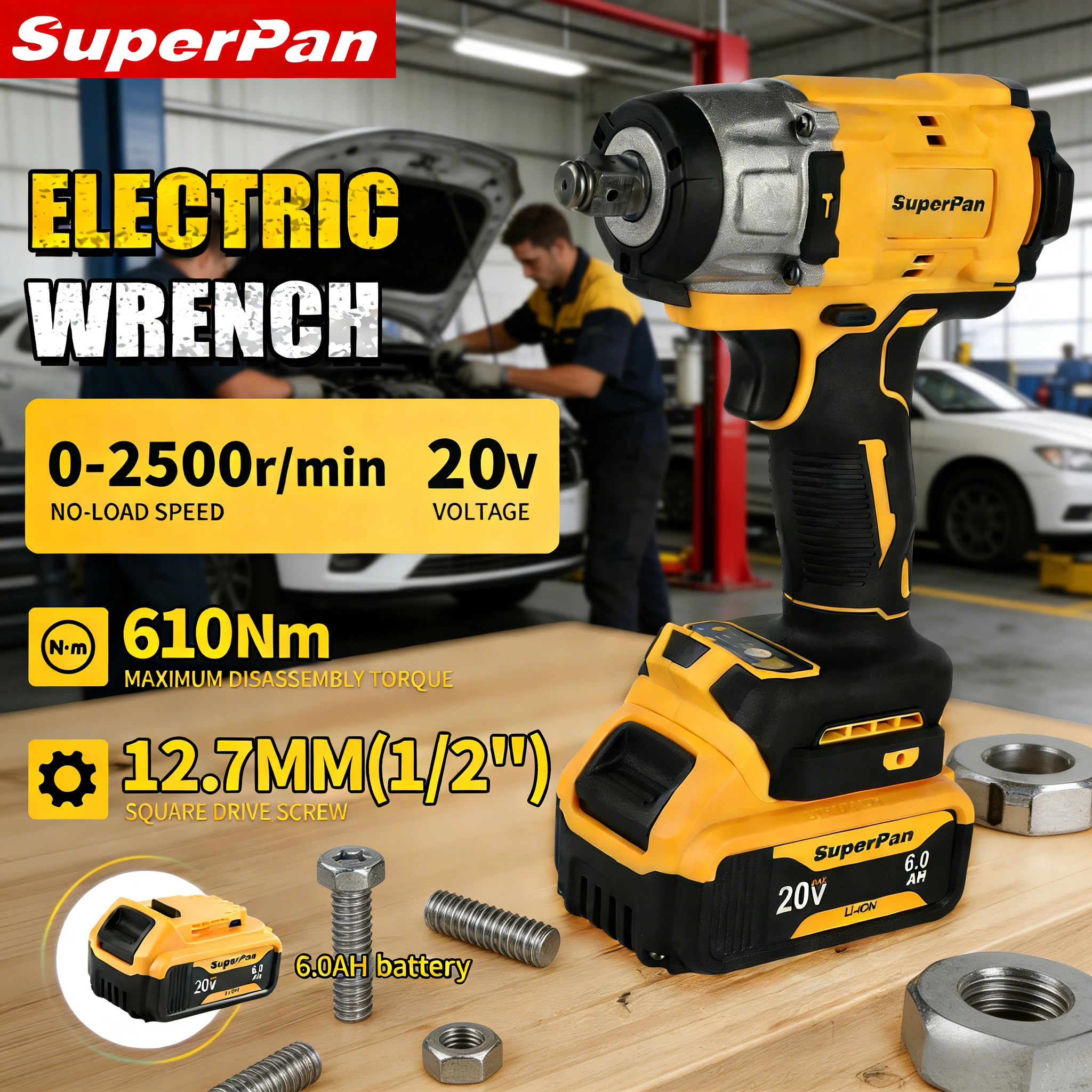 

SuperPan SP922 Impact Wrench Car Tools Brushless LED Light for Vehicle Overhaul Auto Tire Change for dewalt 20V battery pin