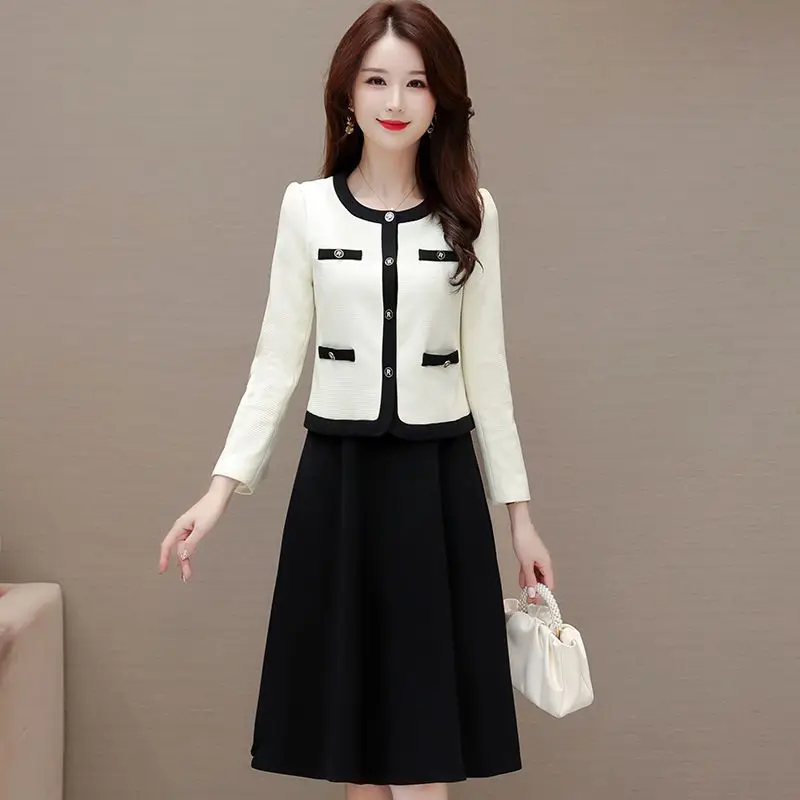 

2023 Women Spring Autumn New Fashion 2 Piece Sets Female Short O-neck Buttons Coats and Loose A-line Dress Ladies Suits G367