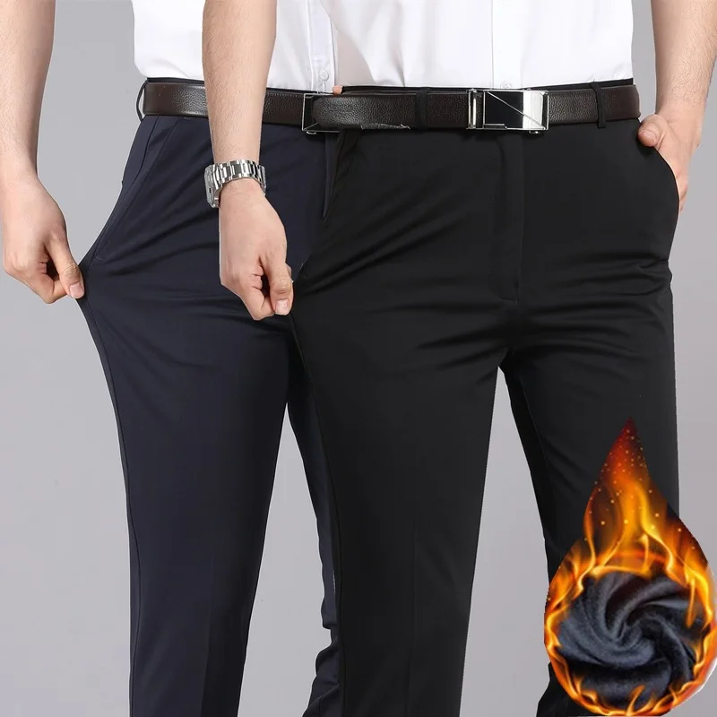 

Мужские деловые брюки, повседневные, на резинке, формальные, осенне-зимние, толстые, свободные, прямые, на флисовой подкладке