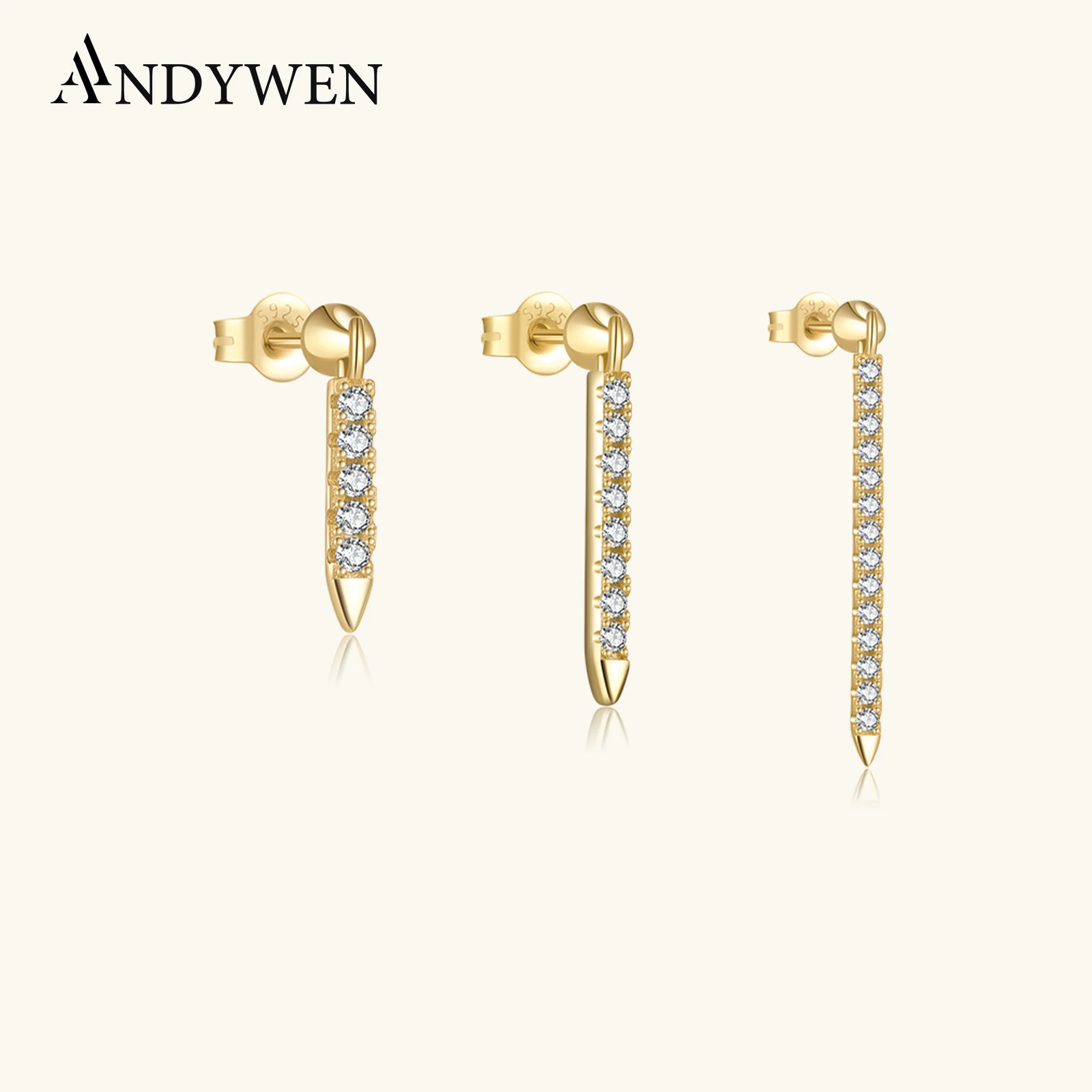 ANDYWEN 925 Sterling Silver Gold Three Size 9.5mm 14mm 25mm Eternity Bar Threaded Charm Earring Line Women Piercing Pendientes