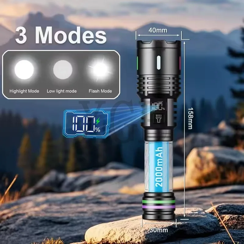 Lanterna LED recarregável ultra poderosa com bateria 18650 Tocha tática à prova d'água com zoom e display LCD de energia