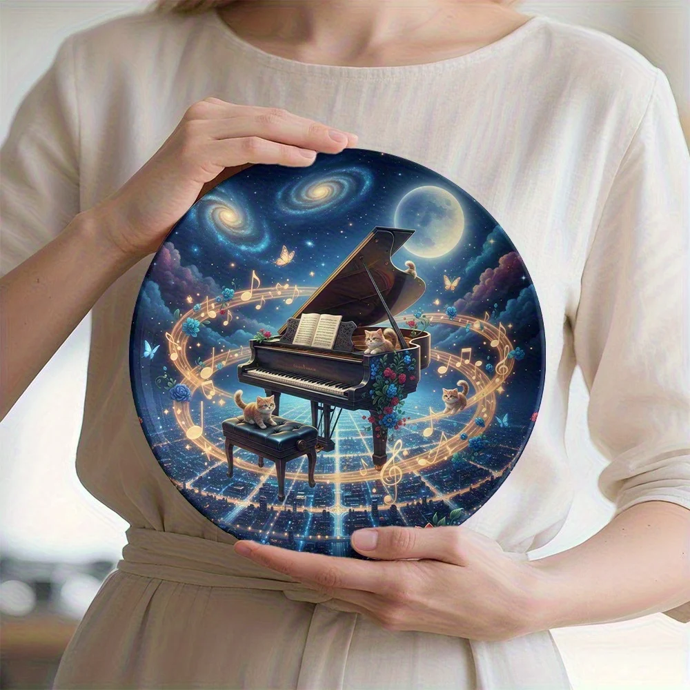 1pc Piano Cats Fantasy Designed Decorative Plate | Ceramic Round Plate, Non-Food Contact, Novelty Fashionable Decor for Wall