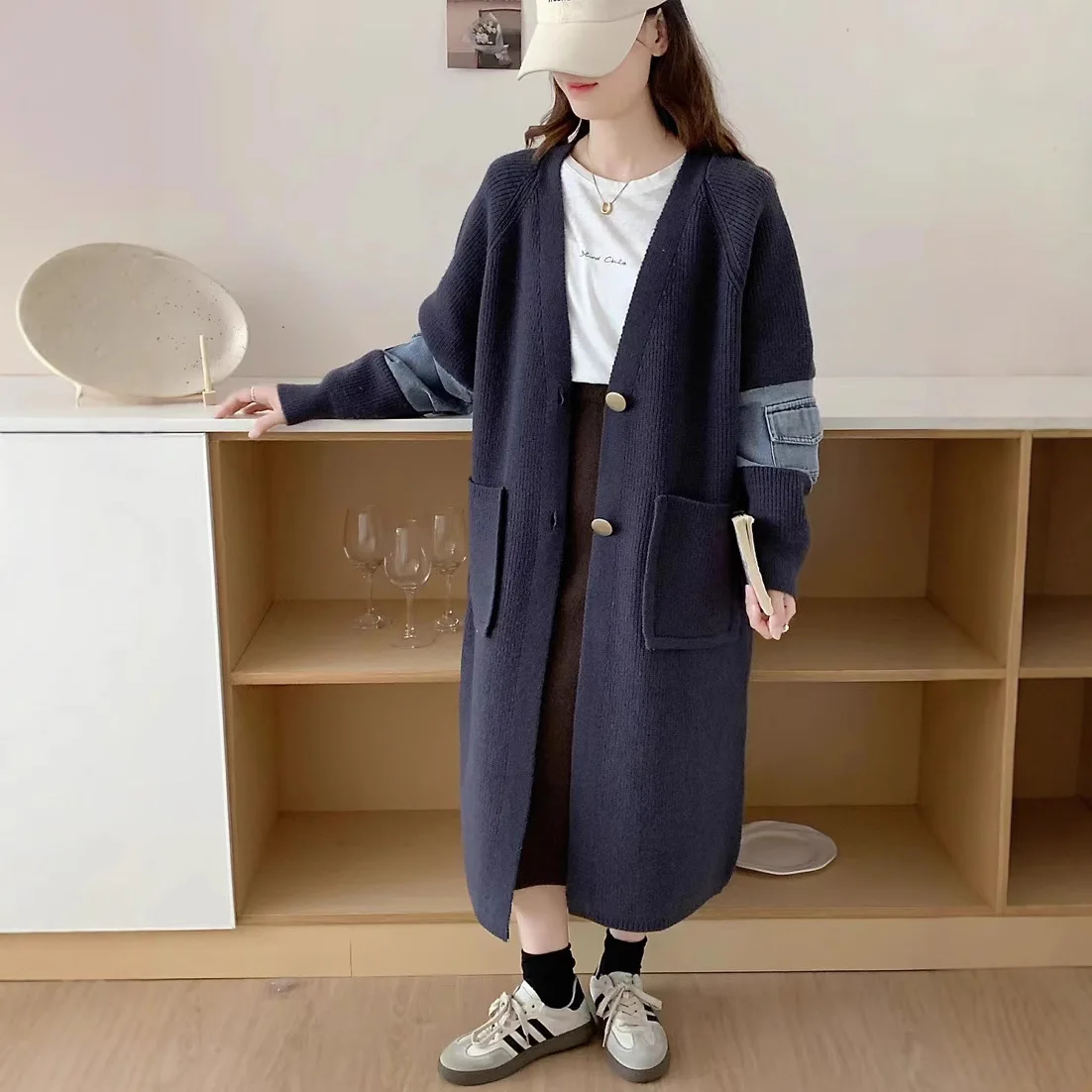 

SuperAen Long Denim Patchwork Knitted Cardigan Women 2026 Spring New Korean Style Loose Oversize Elegant V-neck Sweater Jacket