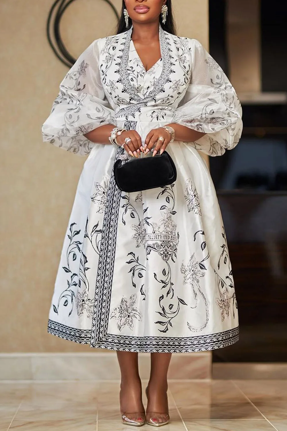 Plus Size Business Casual White Floral Wrap Neck Lantern Sleeve Long Sleeve Pocket Satin Midi Dresses