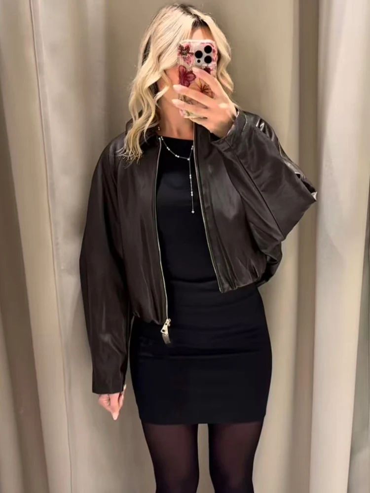 TFMLN Chaqueta Bomber de piel sintética para mujer, manga larga, estilo elegante y sencillo, prendas de vestir exteriores a la moda, dobladillo elástico, chaqueta de ocio para mujer