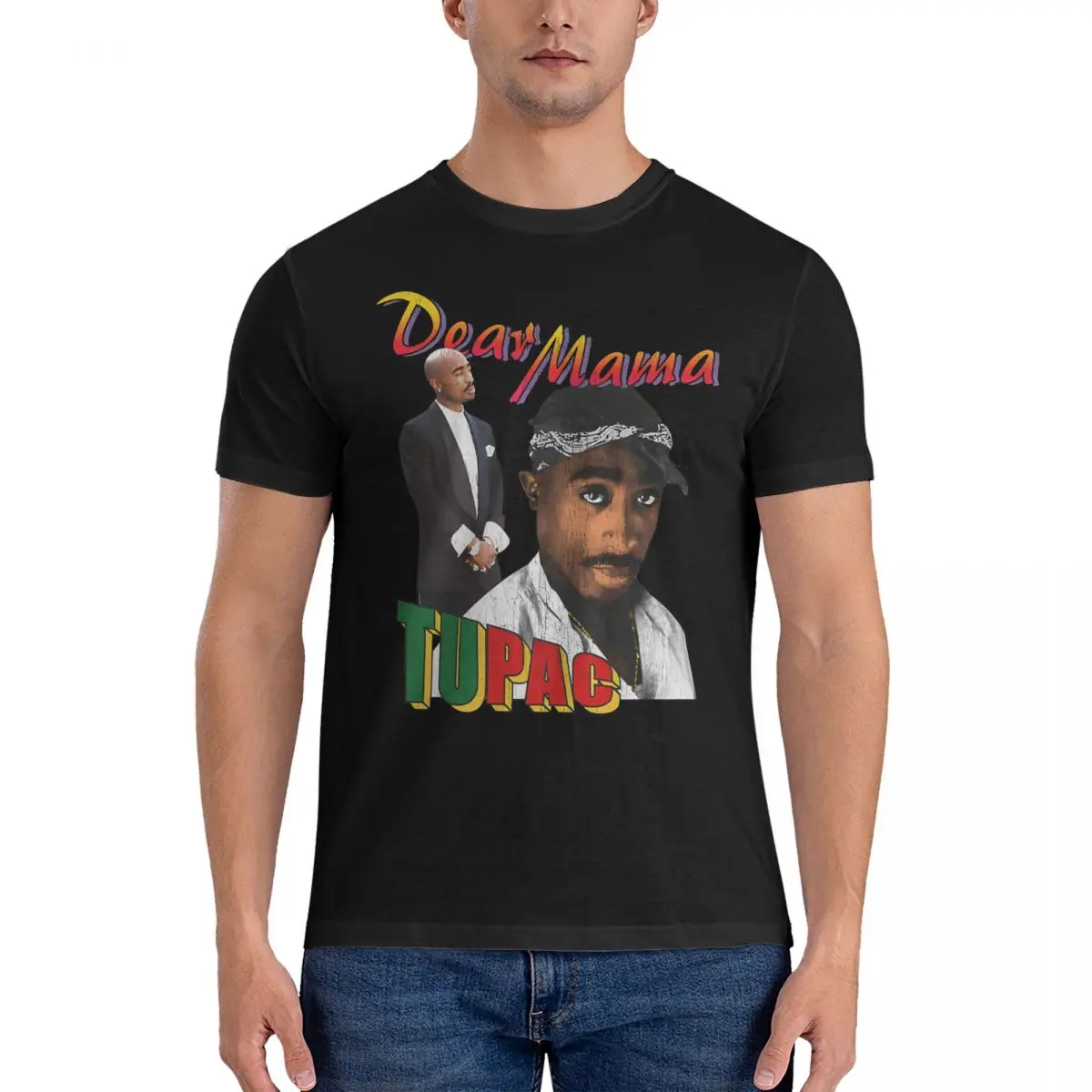 Men's T-Shirts Dear Mama Photos Vintage Men Humorous Cotton Tees Short Sleeve Tupac Amaru Shakur T Shirt Crew Neck Clothing