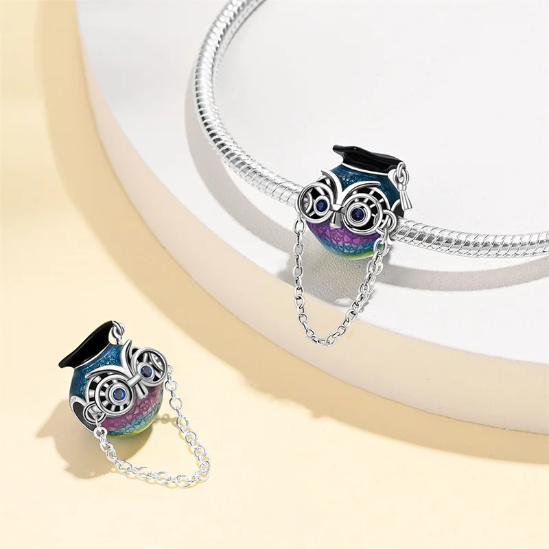 925 Sterling Silver Graduation Season Bachelor's Hat Owl Charms Bead Zircon Dangle Fit Original Bracelet DIY Women Jewelry
