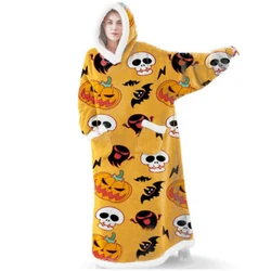 2024 Winter warm wearable casual long Lazy hoodie Hooded lazy blanket Blanket Halloween pumpkin Elk Snowflake print blanket