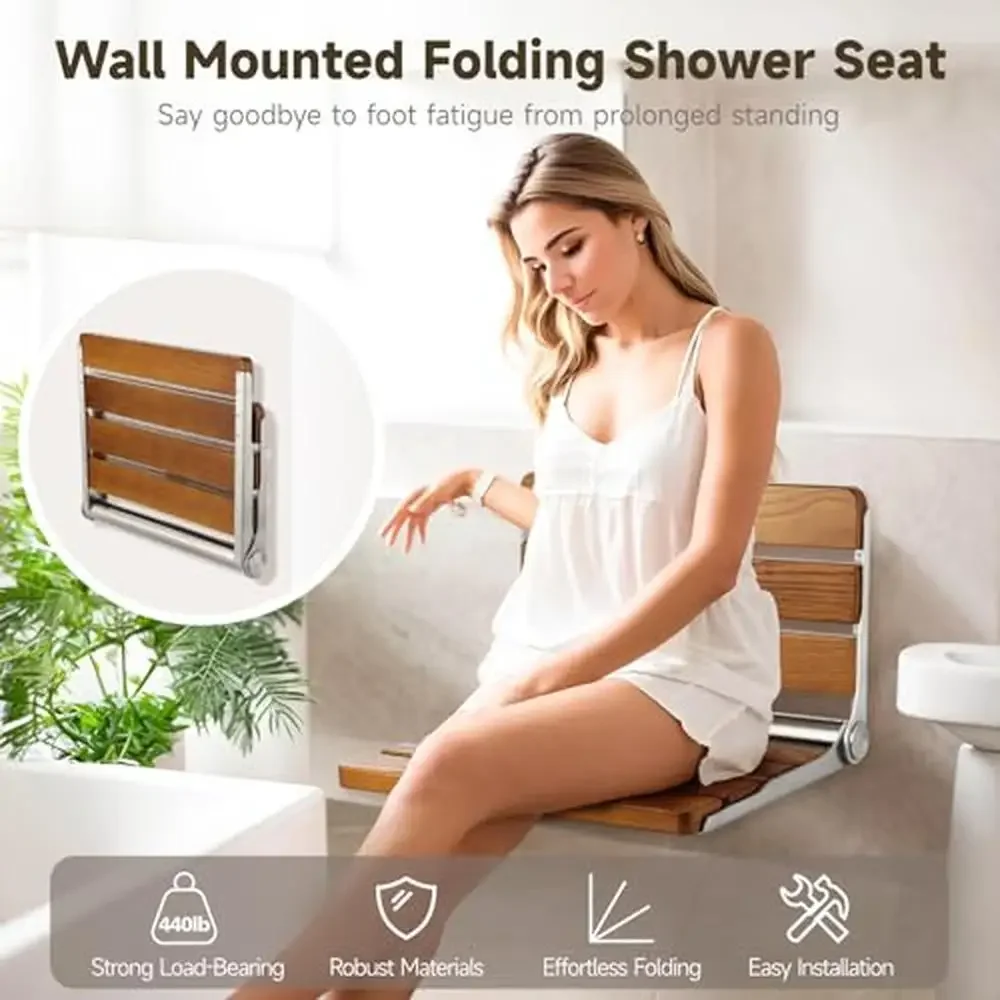 Folding Teak Shower Seat Wall Mounted Waterproof Wood Shower Bench with Backrest 440 lbs Capacity Easy Installation Rustic Wood