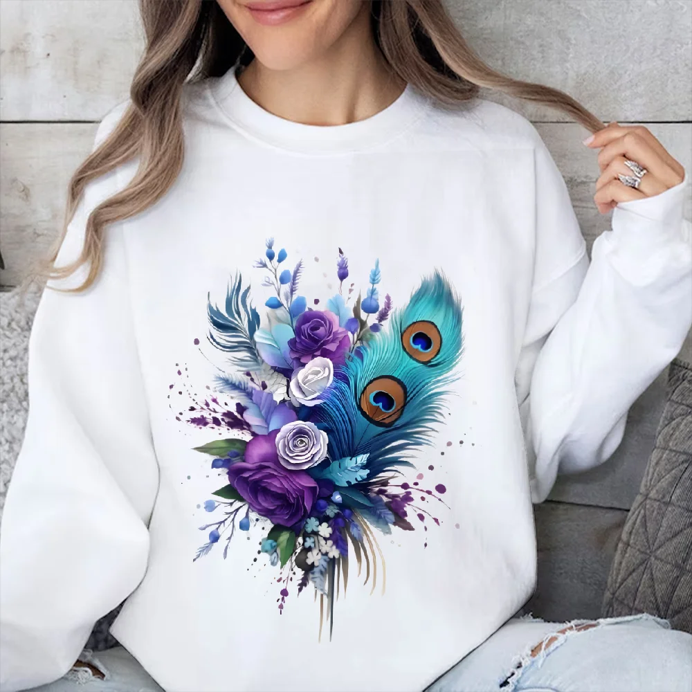 

Sweatshirt Peacock Floral Print Elegant Sweatshirt Oversize Cotton Soft Casual Y2k Graphic Wear Trendy Artistic Vibe Shiny Style