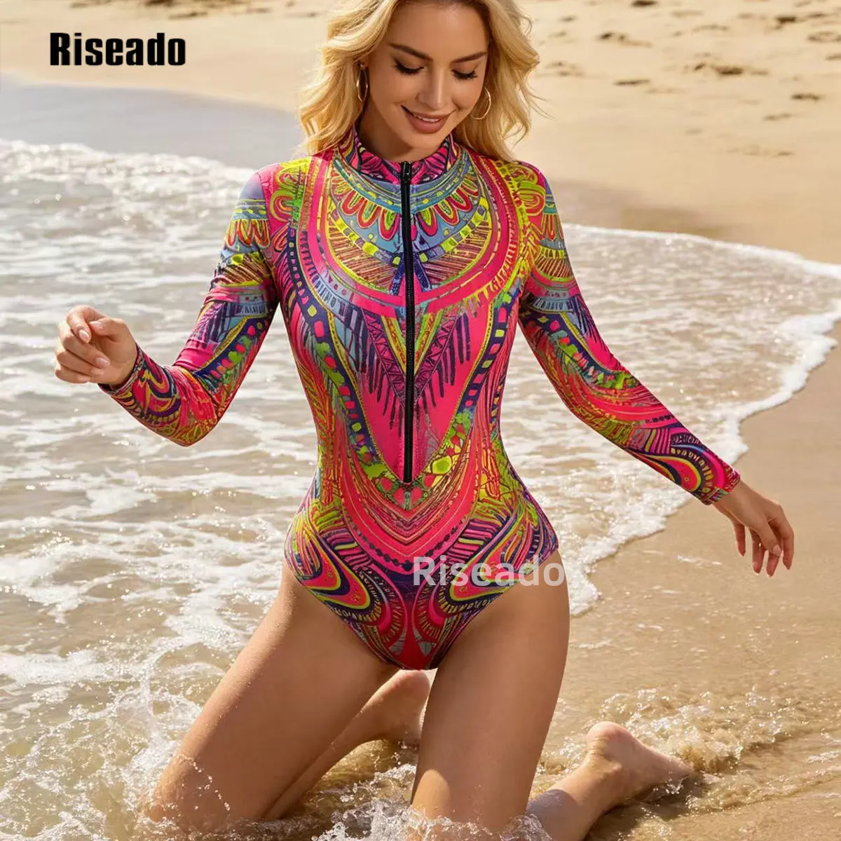 Womens Long Sleeve Mesh Swimsuit Sun Protection Printed High Waist Surfing One Piece Swimwear Tummy Control Bathing Suit