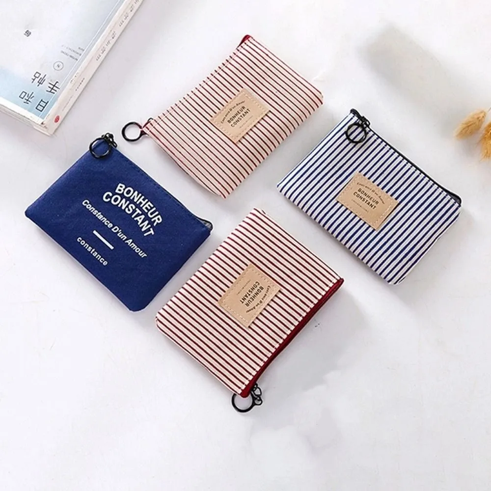 Cute Square Stripe Print Coin Purse Small Zipper Canvas Letter Wallet Case Card Holder Lipstick Storage Bag Change Purse