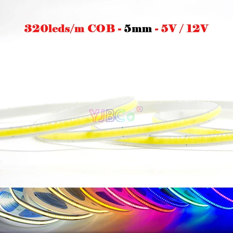 

5V 12V 5M Narrow 5mm PCB single color COB LED Strip 320LEDs/m White/Warm white/Natural White/Blue/Red/Green FCOB Soft Light Tape