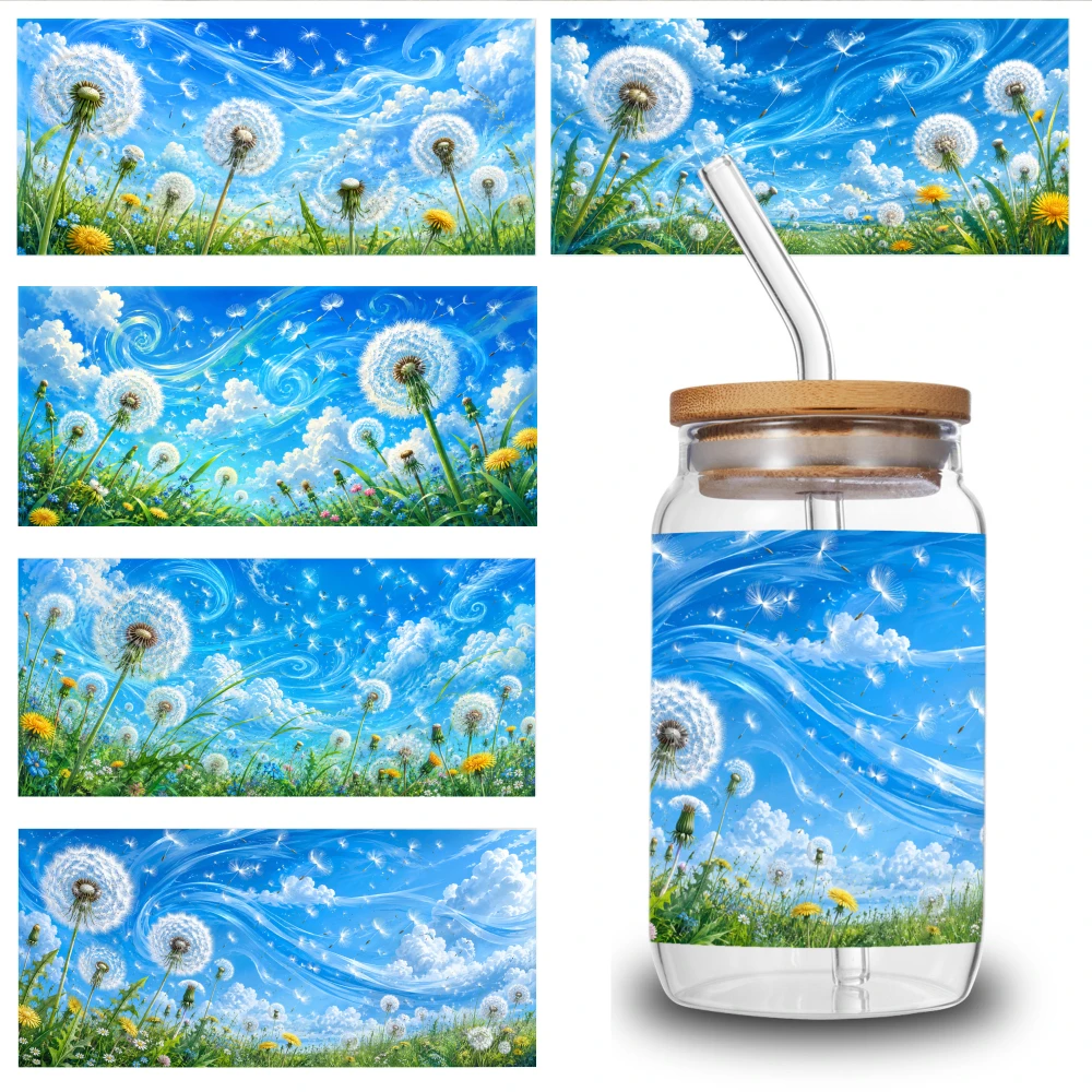 5 Sheets Dandelion Sky Pattern UV DTF Stickers Suitable for 16 oz Glass Waterproof Rub on Transfers Waterproof Decals