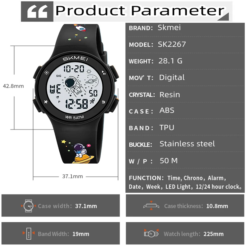Skmei 2267 Light Waterproof Children Boy Girl Sports Wristwatch with Alarm Clock Kids Digital Watches Fashion TPU Strap Colorful