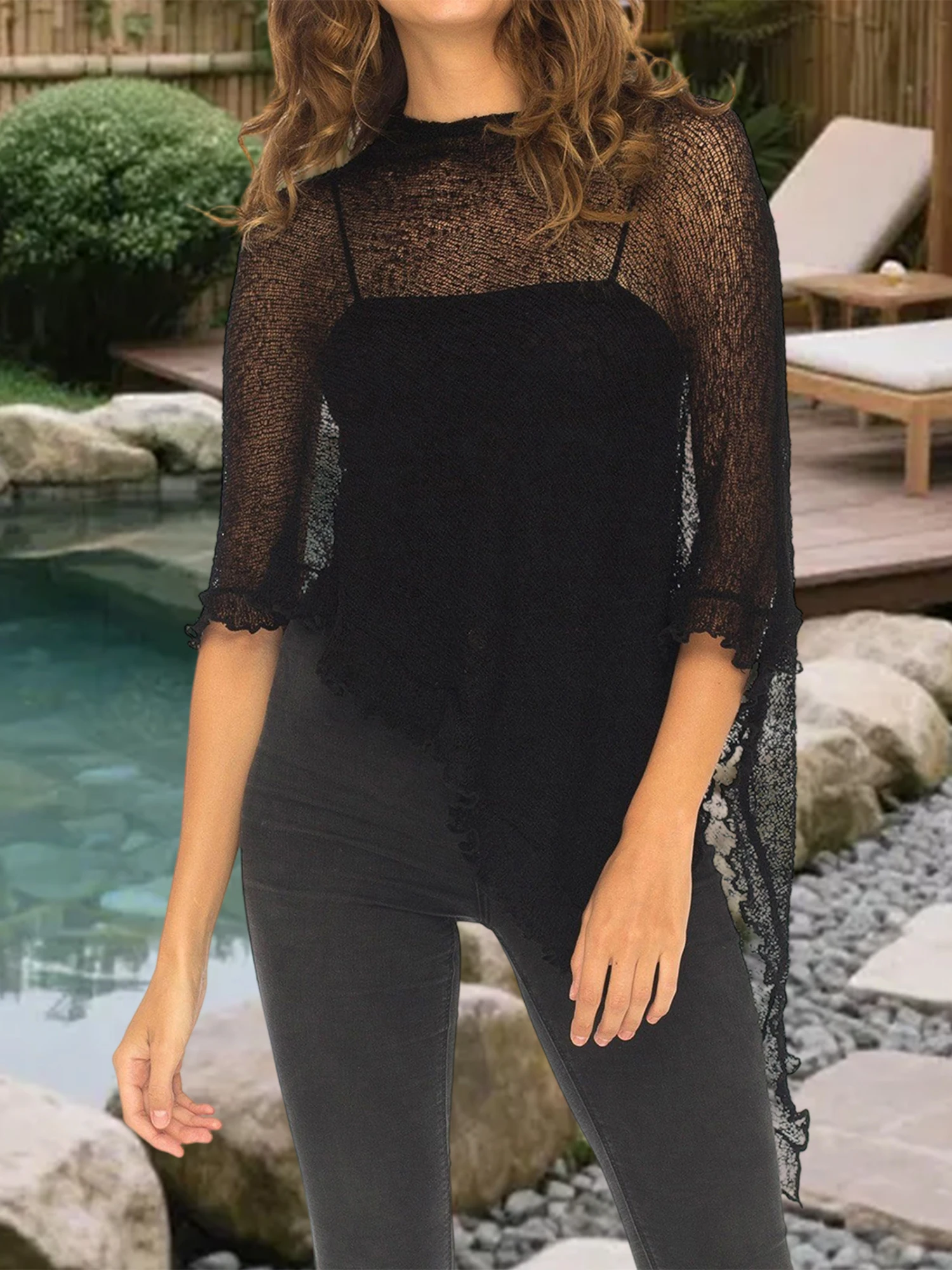 Lichtgewicht doorzichtige gebreide poncho voor dames met ruches en boothals - Elegante doorzichtige cover-up voor de zomer