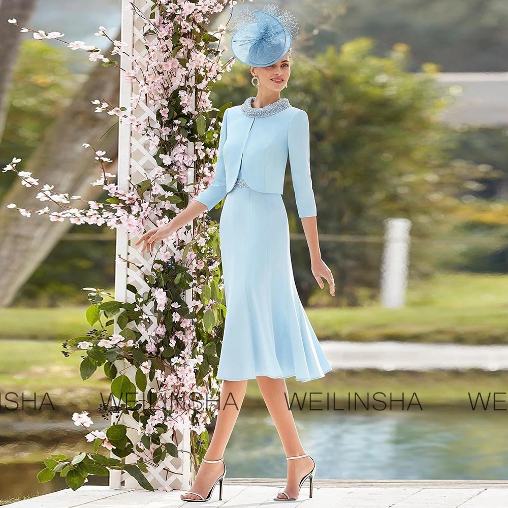 

Class Wedding Mom Dresses 2025 Jersey Mermaid/Trumpet Party Dresses Sky Blue O-Neck Two-Piece Set Beads Pearls Prom Dresses Midi