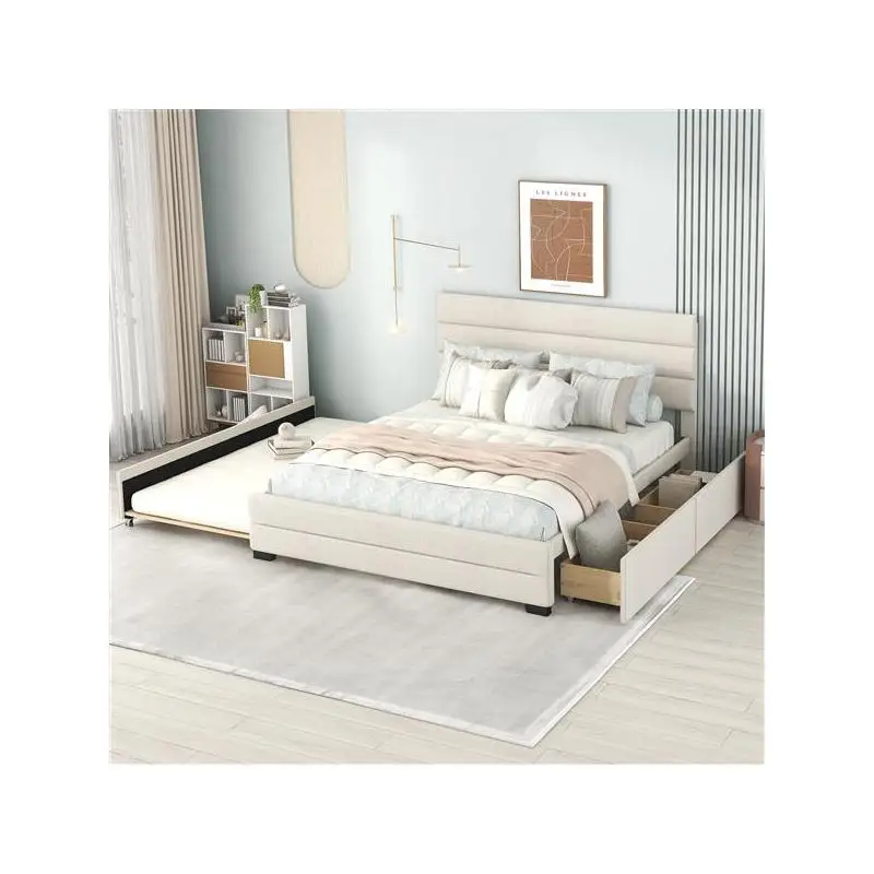 

Beige Upholstered Queen Platform Bed with Twin Trundle and 2 Underbed Drawers