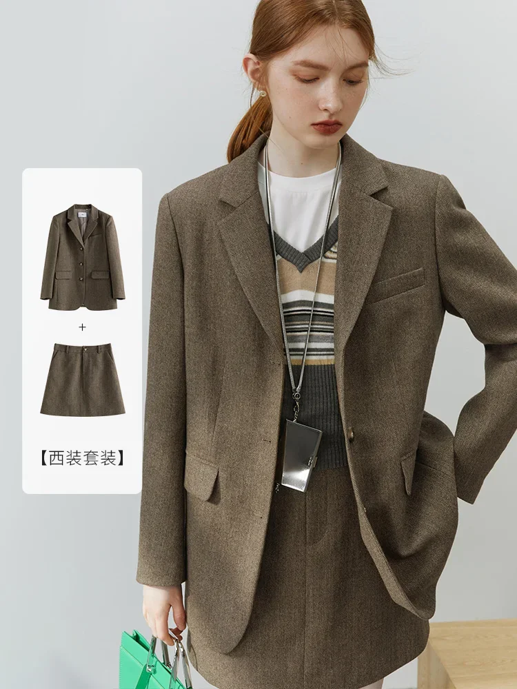 FSLE Wool Suit Set Women Autumn Winter Korean Version Temperament Ladies Jacket Short Skirt Two-piece Set Commuter Office Lady