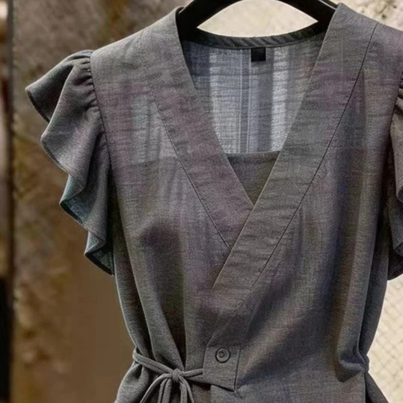 Temperament Bandage Solid Irregular Shirt Tops Summer Short Sleeve Ruffles All-match Vintage Blouse Fashion Office Women Clothes