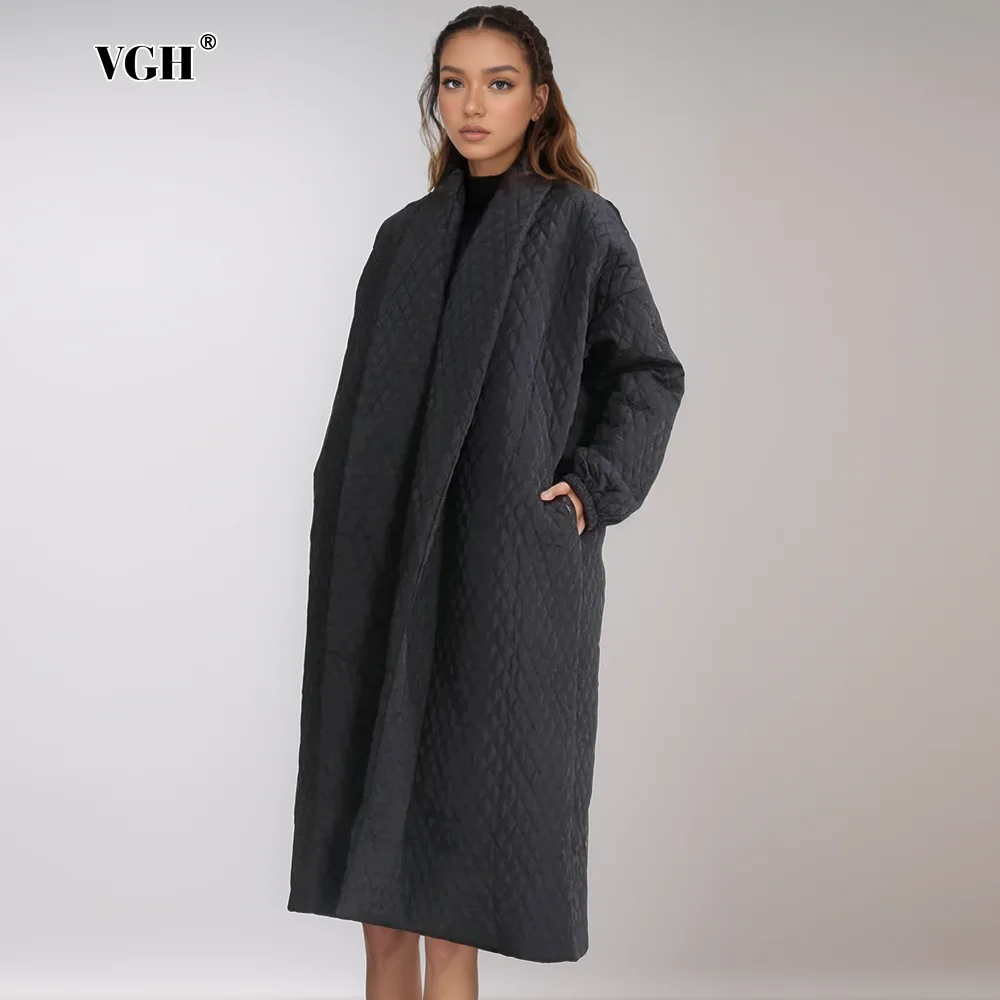 VGH Solid Casual Loose Winter Coats For Women Lapel Long Sleeve Patchwork Button Temperament Parkas Female Fashion Style New