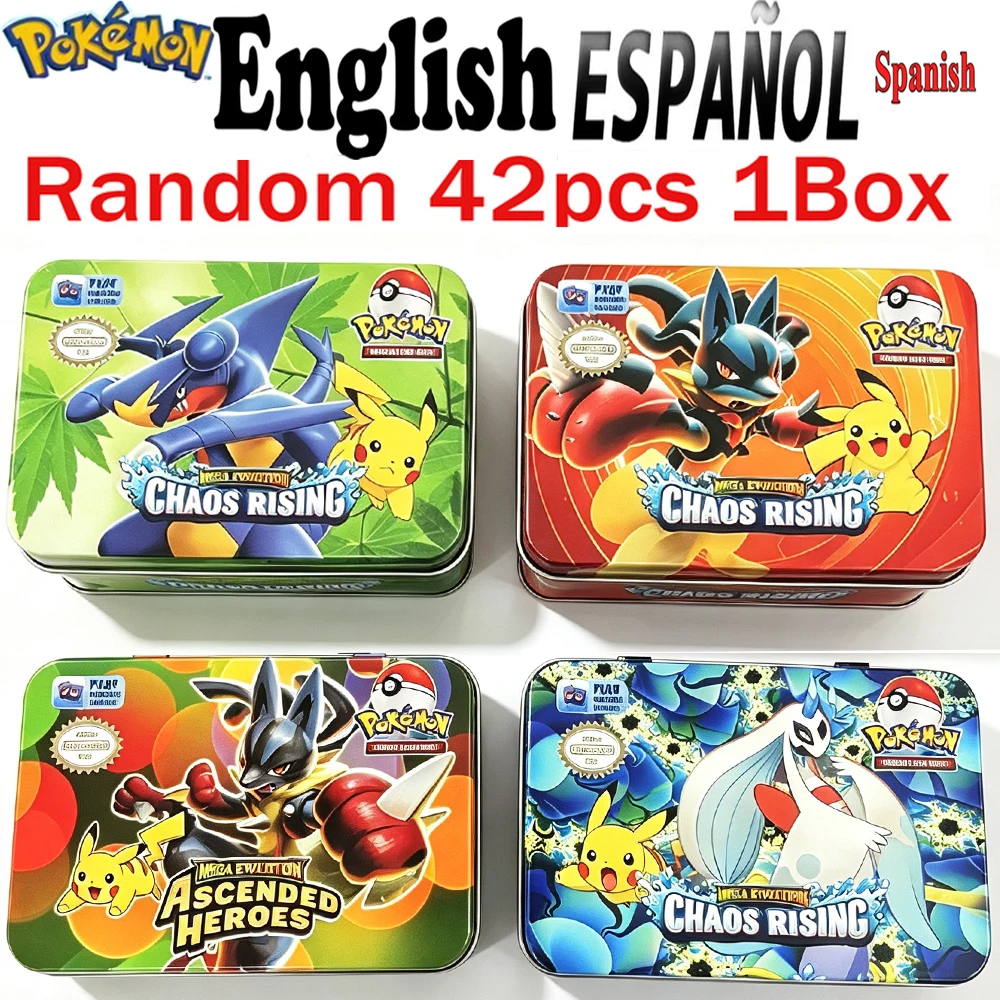 Spanish English Version Pokémon Card Tin Box Set 42PCS Black Bolt White Flare Mega Evolution for Collection Gift Kids Toy