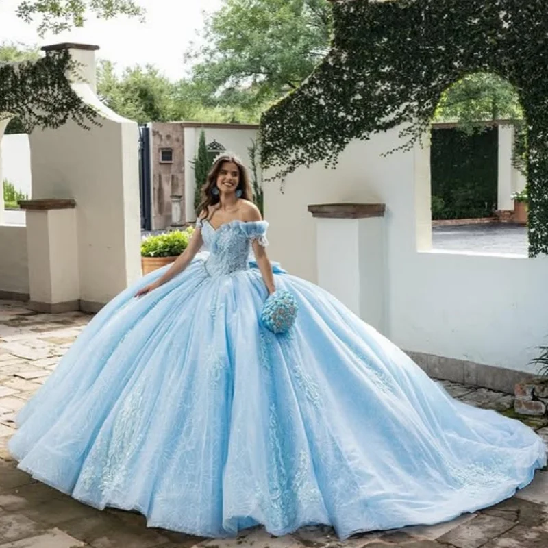 

Shiny sky blue Quinceanera Dress crystal glitter flower Decal Long tail Lace Big Bow Vestidos De 15 Quinceanera ﻿Customize