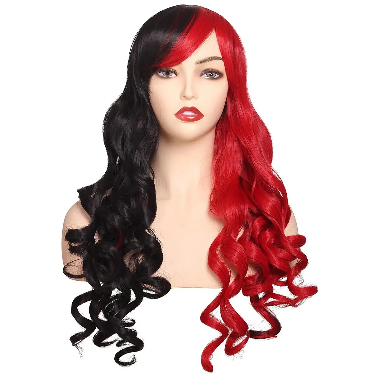 Kyo-Perruque Cosplay Longue Bouclée avec 2 Queues de Cheval pour Femme, Cheveux Moitié Noirs et Moitié Rouges pour Harley Quinn