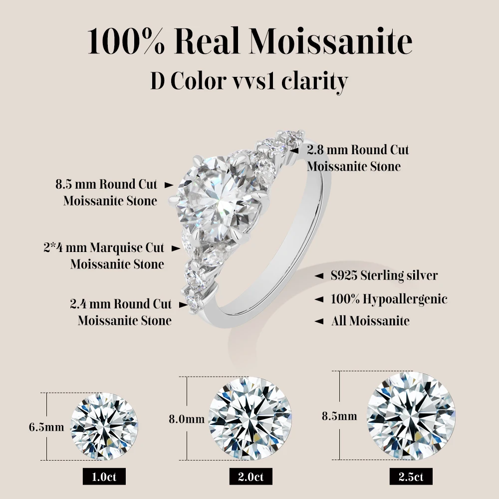 Women's Moissanite Round Cut Ring, 2.5ct Classic Design