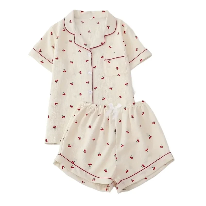 Ensemble pyjama texturé imprimé cerise, mignon, manches courtes, boutons, haut à revers et Short élastique, vêtements de nuit pour femmes