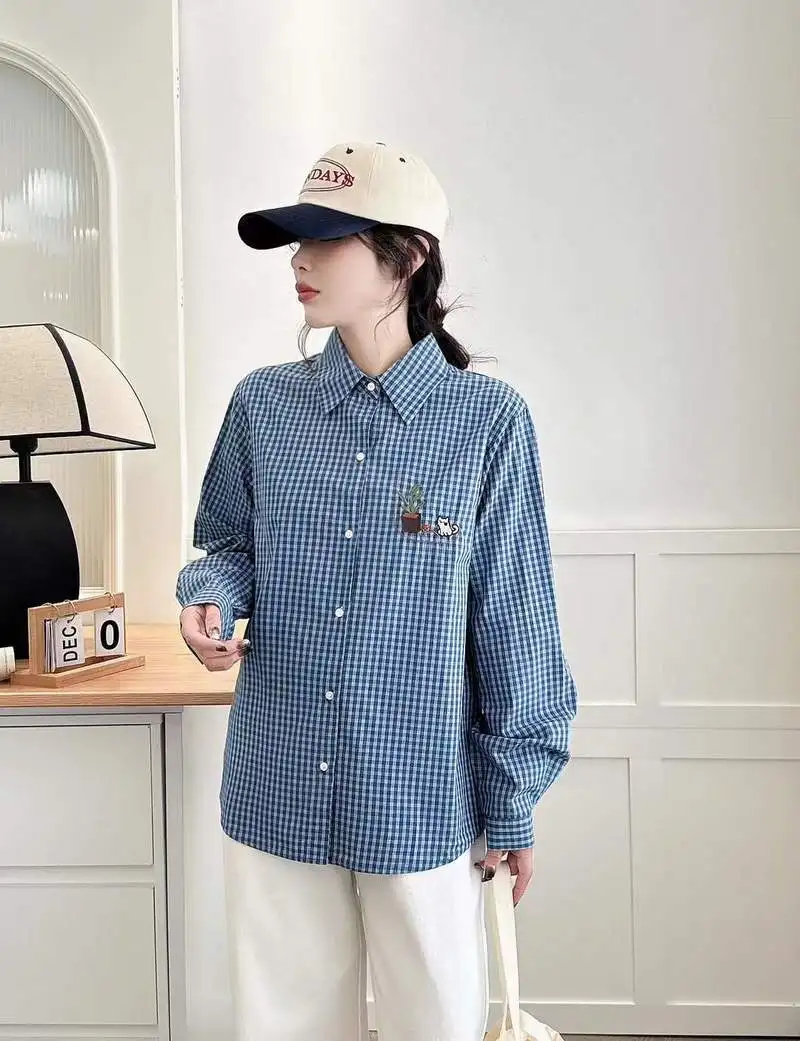 جديد 2025 الخريف قميص قطني بكم طويل ، المرأة بدوره إلى أسفل طوق منقوشة التطريز ، موري فتاة ريترو الحلو بلوزة فضفاضة T59319CC