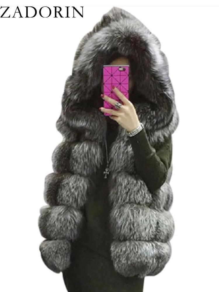 ZADORIN S-4XL Female Hooded Fur Coat Autumn Winter Thick Warm Faux Silver Fox Fur Vest Women High-Grade Cappa Fashion Cardigan